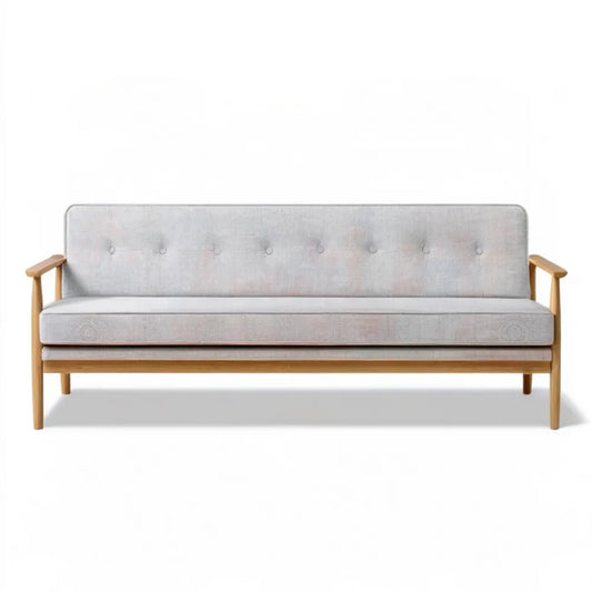 Trzyosobowa sofa skandynawska jasnoszara z drewnianą ramą, 180 x 76 x 78 cm