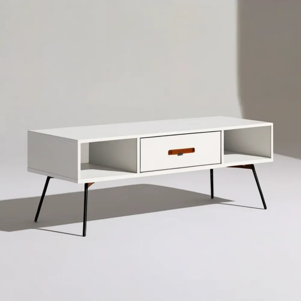 Biały stolik kawowy MDF z szufladą i 2 wnękami, 110 x 50 x 45 cm