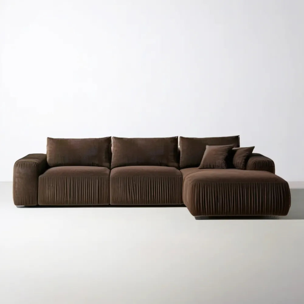 Prawostronna sofa narożna z szezlongiem, aksamit poliestrowy, brązowa, 300 × 170 × 75 cm