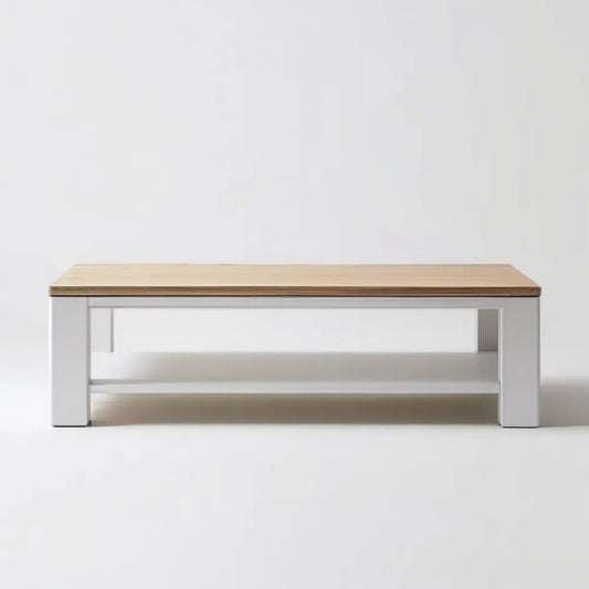 Prostokątny stolik kawowy biały z blatem w kolorze jasnego dębu 110 x 55 x 45 cm