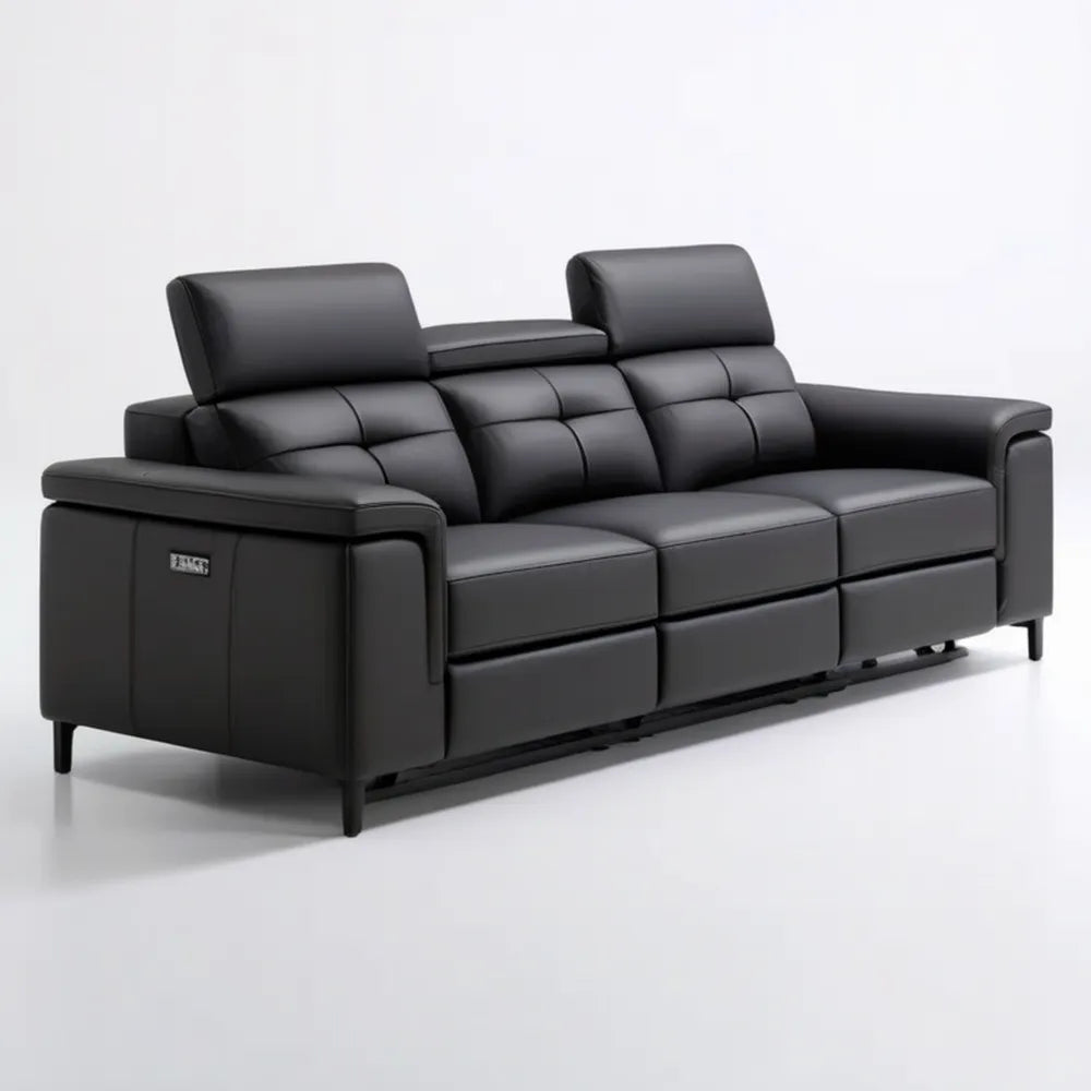 Czarna 3-osobowa sofa relaksacyjna z elektrycznym rozkładaniem, skóra syntetyczna PU, 210 × 98 × 100 cm
